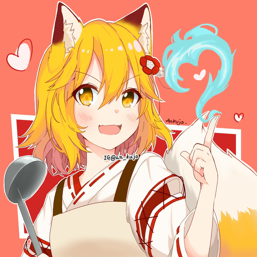 1girl animal_ear_fluff animal_ears ankujo apron artist_name bangs blonde_hair blue_fire blush commentary fang fire flower fox_ears fox_tail hair_between_eyes hair_flower hair_ornament heart highres holding_ladle japanese_clothes kimono ladle looking_at_viewer medium_hair open_mouth senko_(sewayaki_kitsune_no_senko-san) sewayaki_kitsune_no_senko-san skin_fang smile solo tail twitter_username upper_body yellow_eyes