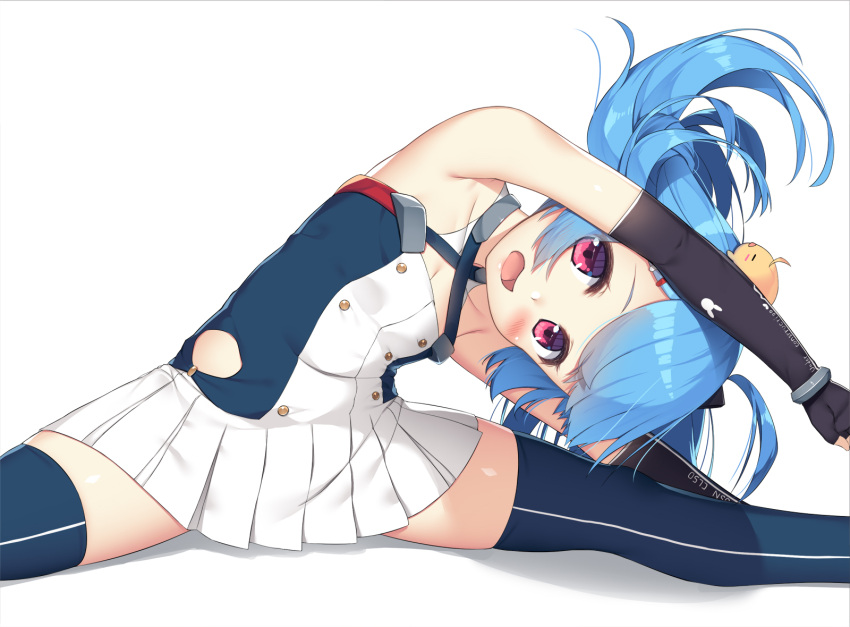 1girl :d ahoge armpits azur_lane bangs bare_shoulders blue_hair blush dress elbow_gloves eyebrows_visible_through_hair fingerless_gloves flat_chest flexible gloves hair_ornament hairclip helena_(azur_lane) highres little_helena_(azur_lane) long_hair looking_at_viewer olive_(laai) open_mouth pink_eyes pleated_dress simple_background sleeveless sleeveless_dress smile solo split spread_legs stretch thigh-highs twintails younger