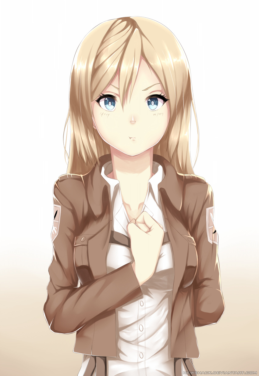 1girl :t artist_name blonde_hair blue_eyes breasts buttons christa_renz cowboy_shot cropped_jacket hews_hack highres long_hair medium_breasts shingeki_no_kyojin solo watermark web_address white_background