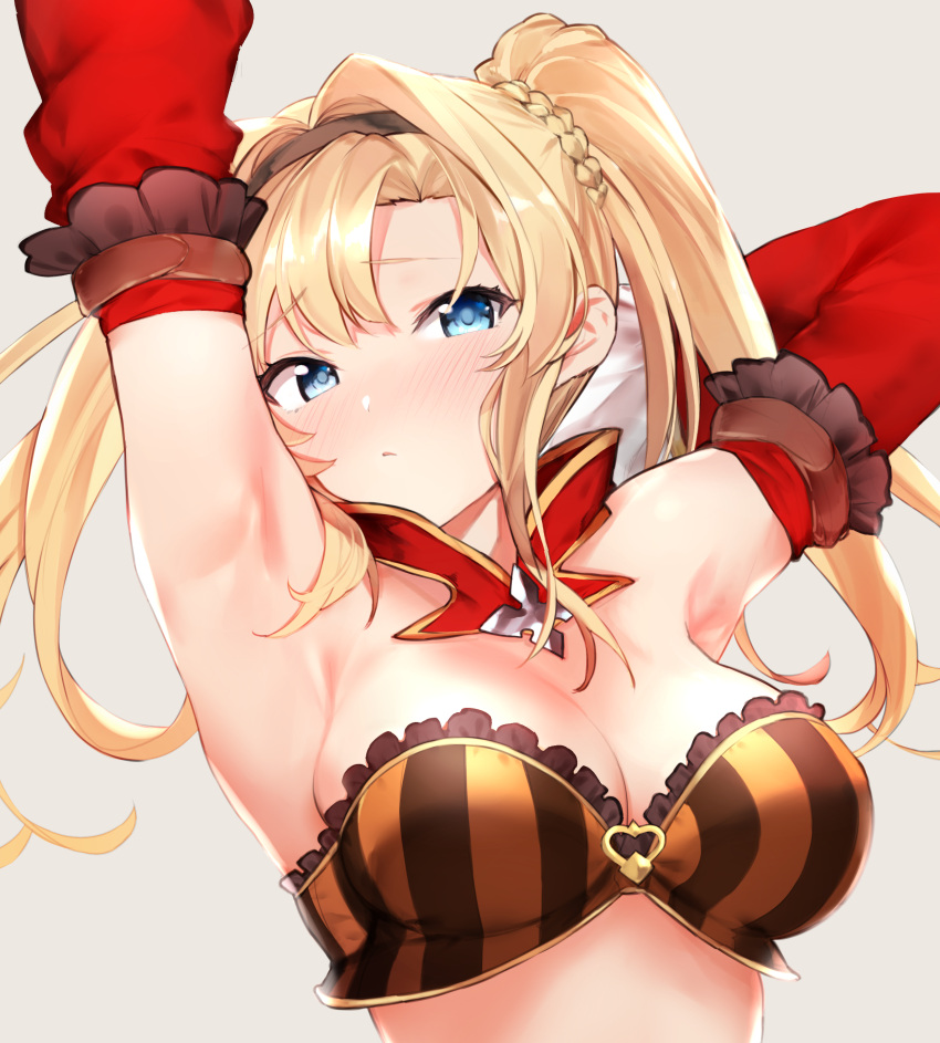 1girl absurdres armpits arms_behind_head arms_up bangs bare_shoulders blonde_hair blue_eyes blush bra braid breasts closed_mouth detached_collar detached_sleeves granblue_fantasy hair_intakes hairband highres long_hair looking_at_viewer orange_bra remora180 sidelocks simple_background solo twintails underwear zeta_(granblue_fantasy)