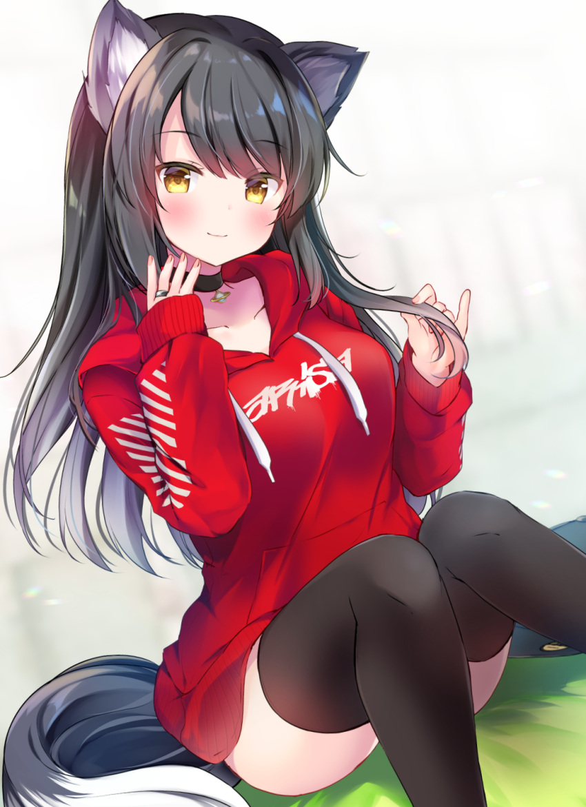1girl animal_ear_fluff animal_ears bangs black_legwear blush breasts brown_eyes closed_mouth commentary_request drawstring dutch_angle eyebrows_visible_through_hair highres hood hood_down hoodie long_hair long_sleeves looking_at_viewer masayo_(gin_no_ame) medium_breasts original red_hoodie sitting sleeves_past_wrists smile solo tail thigh-highs very_long_hair yellow_eyes