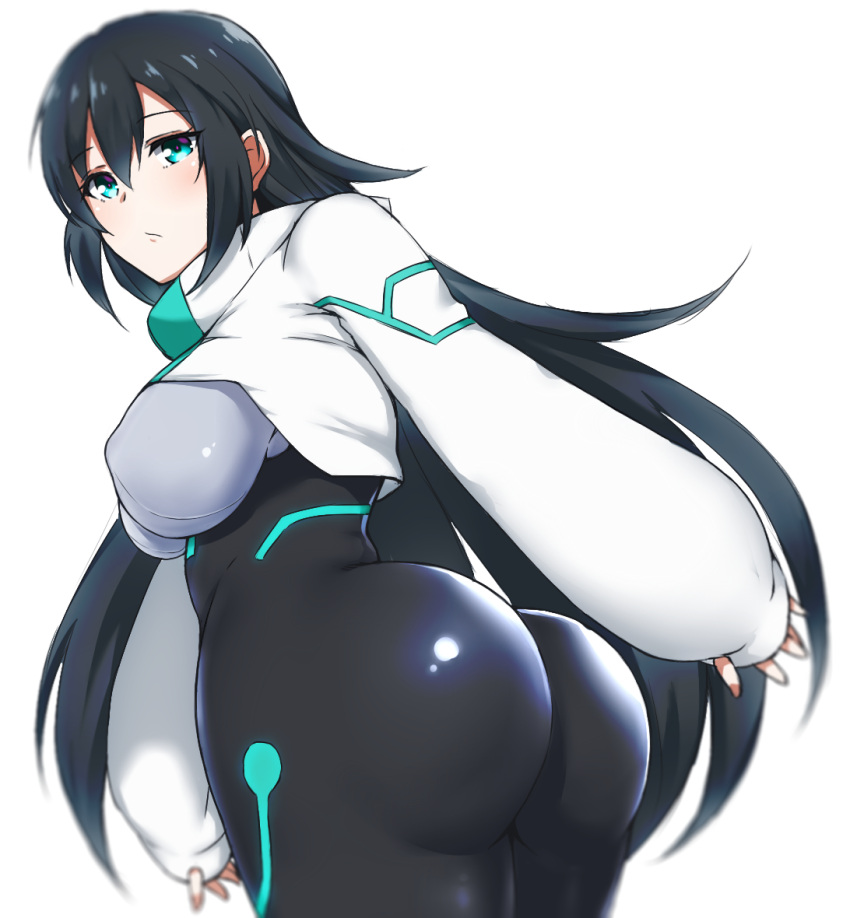 1girl aqua_eyes ass black_bodysuit black_hair blurry blurry_background bodysuit breasts covered_nipples cowboy_shot from_behind gundam gundam_build_divers_re:rise impossible_bodysuit impossible_clothes large_breasts long_hair looking_at_viewer looking_back may_(gundam_build_divers_re:rise) rizkeith shiny shiny_clothes shiny_hair shiny_skin simple_background skin_tight solo standing white_background