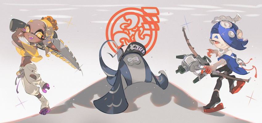 2girls bare_arms bare_shoulders big_man_(splatoon) black_leggings blonde_hair blue_hair blue_shawl bow_(weapon) breasts bright_pupils cephalopod_eyes chest_sarashi closed_mouth colored_extremities colored_eyelashes colored_tongue crop_top cross-shaped_pupils dark-skinned_female dark_skin earrings fangs fingernails forehead frye_(splatoon) full_body hair_ornament hair_over_one_eye harem_pants highres holding holding_bow_(weapon) holding_weapon horizontal_pupils inkling jewelry leggings long_eyelashes long_pointy_ears medium_hair midriff multiple_earrings multiple_girls no_shoes octoling okobo one_eye_covered open_mouth pants parted_bangs platform_sandals pointy_ears purple_tongue red_eyes sandals sarashi sharp_fingernails shawl shirt shiver_(splatoon) short_hair small_breasts smile socks splatana_stamper_(splatoon) splatoon_(series) splatoon_3 standing standing_on_one_leg symbol-shaped_pupils tentacle_hair toeless_socks tooth_earrings towo_nita tri-stringer_(splatoon) turtleneck turtleneck_shirt weapon white_pants white_pupils white_socks x_hair_ornament yellow_eyes yellow_shawl yellow_shirt