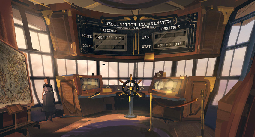 1other aircraft airship ben_lo bioshock_(series) bioshock_infinite coordinates english_text glass indoors map painterly pedestal radio rug scenery solo stanchion standing steering_wheel vehicle_interior window wooden_desk