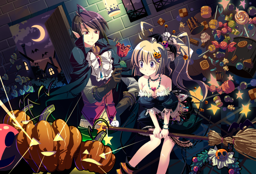 bad_id bare_shoulders bat bats black_hair blonde_hair bracelet breasts broom brown_hair candy cape checkerboard_cookie cleavage cookie couple door dress fang flower food gloves hair_ornament hairclip halloween highres jewelry lollipop long_hair macaron mappi_(artist) moon necklace pointy_ears ponytail pumpkin red_eyes roses short_hair stars swirl_lollipop vampire wreath yamadori_yoshitomo