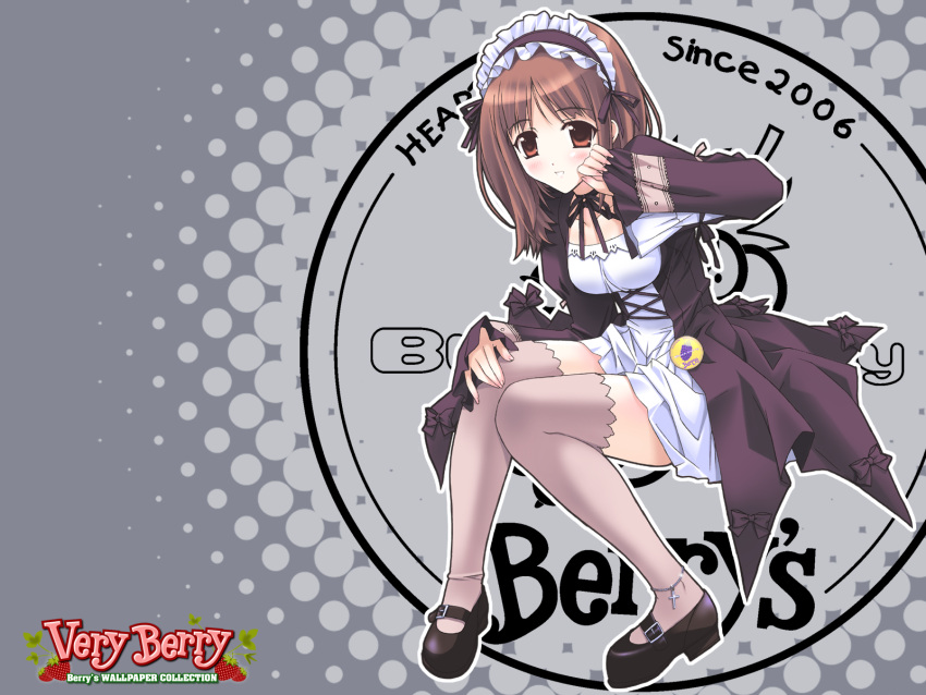 berry's blush brown_eyes brown_hair dress gothic highres maid_cap maid_headdress shoes thigh-highs thighhighs very_berry