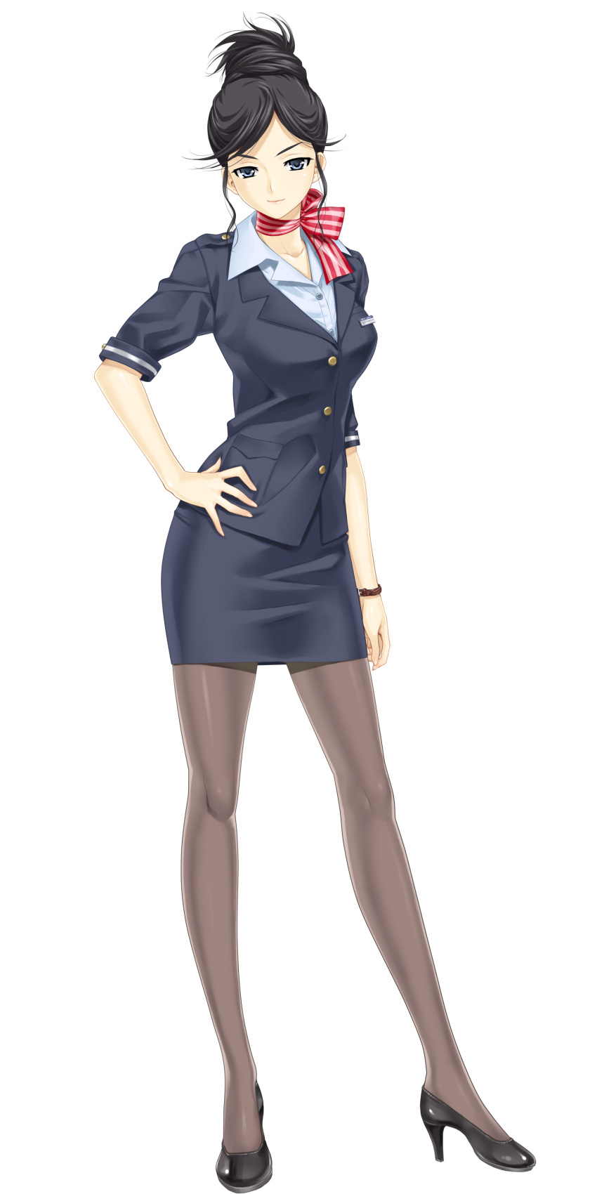 1girl black_footwear black_hair black_shoes blue_eyes breasts business_suit closed_mouth collared_shirt female full_body hair_up hand_on_hip happoubi_jin high_heels highres kakisaki_rei legs looking_at_viewer medium_breasts medium_sleeves neck_ribbon pantyhose pencil_skirt ribbon shoes simple_background skirt solo standing stewardess striped striped_neckwear striped_ribbon transparent_background two-tone_neckwear two-tone_ribbon zettai_shougeki