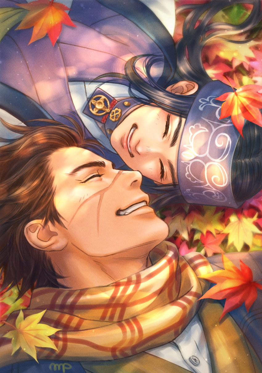 1boy 1girl ainu ainu_clothes asirpa autumn_leaves bandana black_hair brown_hair closed_eyes face-to-face facial_scar golden_kamuy grin hair_slicked_back highres long_hair looking_at_another lying mprichin on_back outdoors scar scarf short_hair signature smile sugimoto_saichi