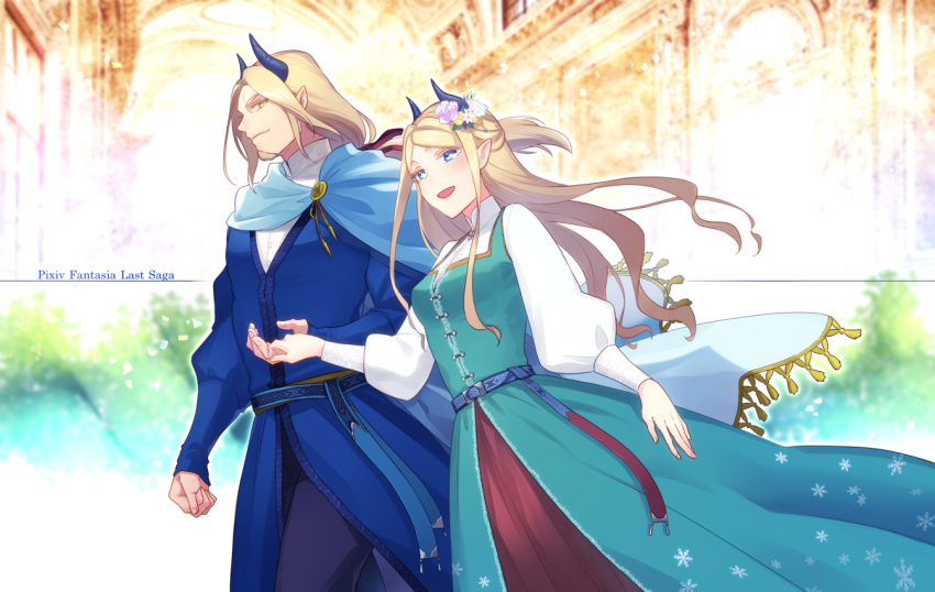 1boy 1girl blonde_hair blue_cape blue_dress blue_eyes blurry blurry_background cape clenched_hand copyright_name crise dress einar_(pixiv_fantasia_last_saga) facial_hair flower fulda_(pixiv_fantasia_last_saga) hair_flower hair_ornament horns open_mouth pixiv_fantasia pixiv_fantasia_last_saga pointy_ears smile standing yellow_eyes