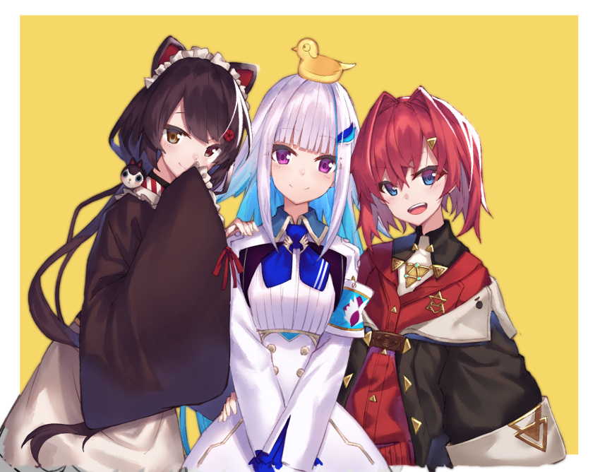 3girls ange_katrina animal animal_on_head apron armband bird black_hair black_jacket black_kimono blue_eyes blue_hair breasts brown_eyes dog_hair_ornament dress hair_intakes hair_ornament hand_on_another's_shoulder heterochromia highres inui_toko jacket japanese_clothes kimono lize_helesta long_hair long_sleeves low_twintails multicolored_hair multiple_girls nijisanji on_head red_eyes red_jacket redhead safety_pin sebastian_piyodore silver_hair sleeves_past_fingers sleeves_past_wrists small_breasts twintails two-tone_background two-tone_hair very_long_hair violet_eyes virtual_youtuber white_apron white_background white_dress wide_sleeves yellow_background yuuki_nao_(pixiv10696483)