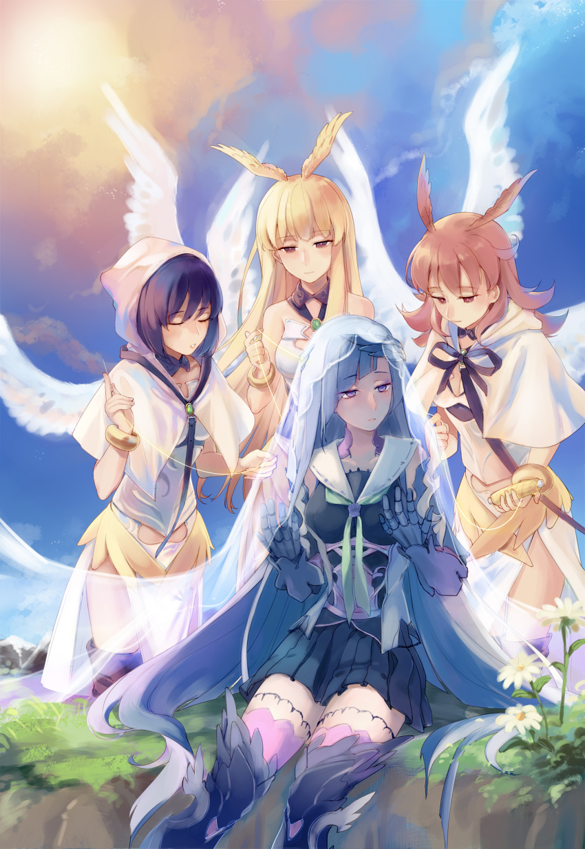 4girls alternate_costume bangs black_hair black_ribbon black_skirt blonde_hair breasts brynhildr_(fate) character_request closed_eyes commentary_request eyebrows_visible_through_hair fate_(series) feathered_wings hair_between_eyes head_wings highres hildr_(fate/grand_order) holding large_breasts long_hair multiple_girls ortlinde_(fate/grand_order) pink_hair purple_hair red_eyes ribbon short_hair skirt thrud_(fate/grand_order) valkyrie_(fate/grand_order) very_long_hair white_wings wings yorktown_cv-5