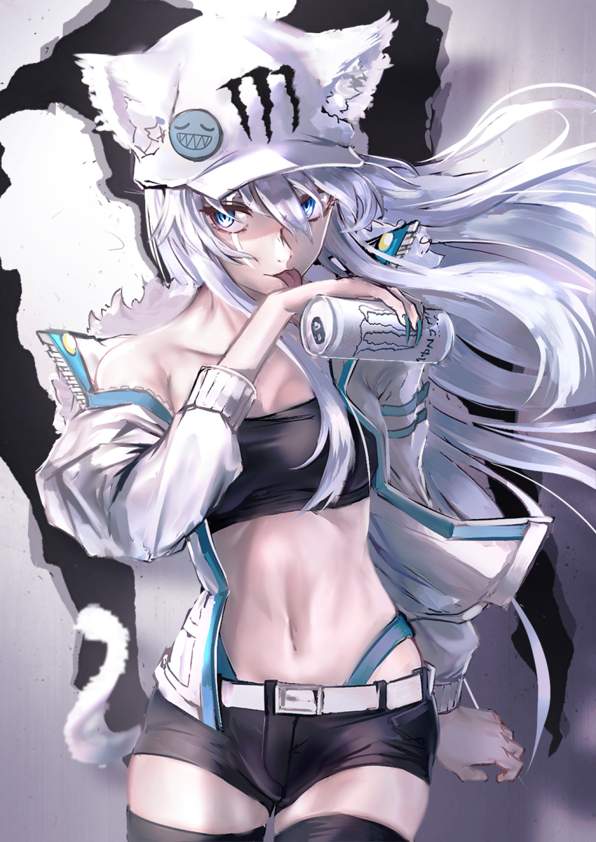 1girl animal_ear_fluff animal_ears bandeau bare_shoulders baseball_cap belt black_legwear black_shorts blue_eyes breasts can cat_ears cat_tail collarbone cowboy_shot crop_top floating_hair hair_between_eyes hat highleg highres holding holding_can jacket long_hair long_sleeves looking_at_viewer medium_breasts midriff monster_energy nakasaku-p navel off_shoulder open_clothes open_jacket original short_shorts shorts solo stomach tail thigh-highs tongue tongue_out white_hair white_jacket