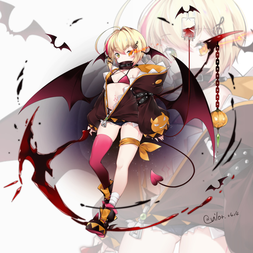 1girl absurdres ahoge alternate_costume azur_lane bandaged_leg bandages bare_shoulders bat bikini_top blonde_hair blood blood_bag boots brown_jacket chain commentary covered_mouth demon_girl demon_tail demon_wings denim denim_shorts full_body green_eyes halloween halloween_costume heterochromia high_collar highres holding holding_scythe huge_filesize jacket leg_ribbon long_sleeves looking_at_viewer multicolored_hair open_clothes open_jacket orange_eyes pink_legwear puffy_sleeves ribbon scythe short_hair short_shorts shorts single_thighhigh skindentation solo southampton_(azur_lane) stomach stomach_tattoo streaked_hair tail tattoo thigh-highs twitter_username vilor white_background wings zipper_pull_tab zoom_layer