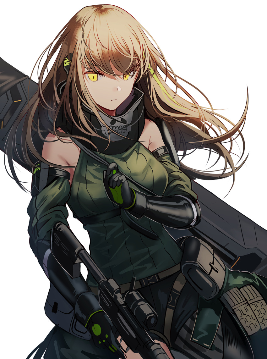 1girl assault_rifle bare_shoulders belt black_gloves brown_hair closed_mouth clothes_around_waist commentary detached_sleeves girls_frontline gloves gun highres jacket jacket_around_waist long_hair m4_carbine m4a1_(girls_frontline) multicolored_hair pouch rifle scarf silence_girl streaked_hair weapon yellow_eyes