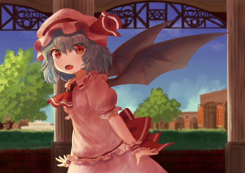 1girl absurdres arms_at_sides banner bat_wings blue_hair blue_sky brick_wall brooch clouds column commentary cowboy_shot cravat day ekaapetto fang hat hat_ribbon hedge_(plant) highres jewelry leaning_forward looking_at_viewer mob_cap open_mouth outdoors pillar pink_headwear pink_shirt pink_skirt puffy_short_sleeves puffy_sleeves red_eyes red_neckwear remilia_scarlet ribbon shirt short_hair short_sleeves skirt skirt_set sky solo touhou tree walkway wings