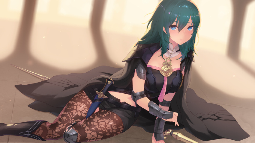 1girl arm_guards armor bangs belt black_skirt blue_eyes blue_hair blush breasts byleth_(fire_emblem) byleth_eisner_(female) cait cape dagger fire_emblem fire_emblem:_three_houses gloves green_hair hair_between_eyes highres long_hair looking_at_viewer medium_hair miniskirt pantyhose parted_lips sheath sidelocks sitting skirt solo sword weapon