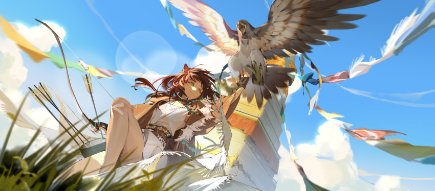 1girl absurdres animal_ears arknights arm_up bandaid bandaid_on_knee bandaid_on_leg bird black_gloves blue_sky bow_(weapon) brown_coat brown_hair chinese_commentary choker closed_mouth clouds coat commentary_request day eagle feet_out_of_frame fingerless_gloves fur-trimmed_jacket fur_trim gloves highres holding holding_bow_(weapon) holding_weapon jacket knee_up long_hair lunacub_(arknights) open_clothes open_jacket outdoors quiver sanbai_jin_ye_da_mao shirt sky weapon white_shirt wolf_ears wolf_girl yellow_eyes