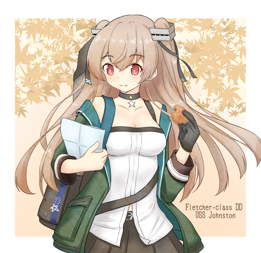 1girl alternate_costume autumn_leaves backpack bag black_choker black_gloves border breasts character_name choker commentary_request cookie eating food gloves green_jacket highres jacket johnston_(kantai_collection) kantai_collection light_brown_hair long_hair map_(object) medium_breasts momiji_manjuu paper red_eyes shirt shonasan single_glove solo strapless tubetop two_side_up white_border white_shirt