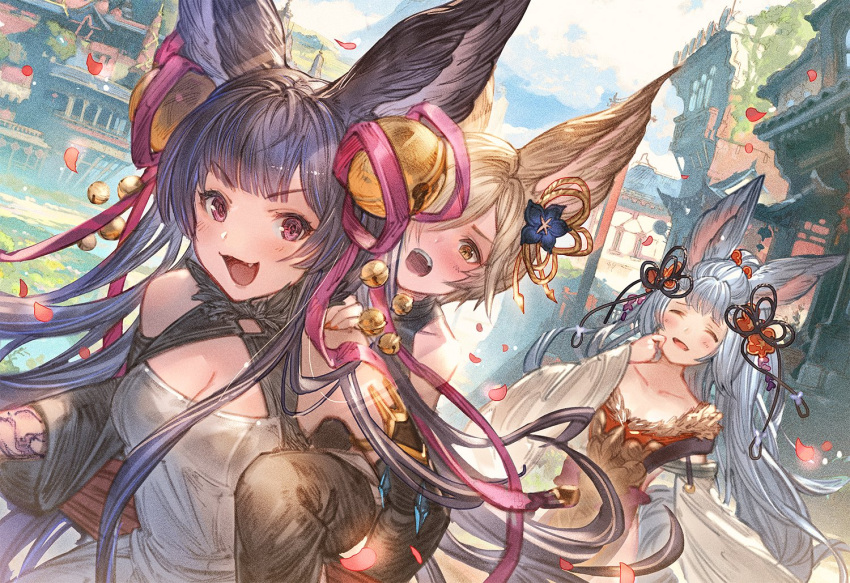 1boy 2girls animal_ears backless_outfit bangs bare_shoulders bell blush carrying closed_eyes erune fox_boy fox_ears fox_tail fur_trim granblue_fantasy hair_bell hair_ornament hair_over_one_eye jingle_bell kou_(granblue_fantasy) large_tail long_hair multiple_girls official_art open_mouth petals piggyback red_eyes sideless_outfit silver_hair smile socie_(granblue_fantasy) tail very_long_hair yuel_(granblue_fantasy)