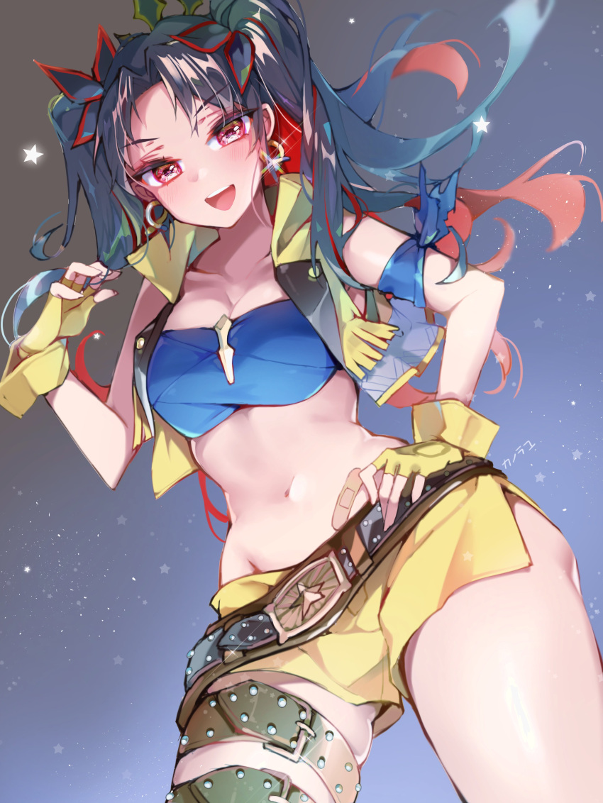 1girl absurdres belt black_belt cropped_vest fate/grand_order fate_(series) gloves highres ishtar_(fate/grand_order) kanola_u navel red_eyes shorts space_ishtar_(fate) thigh_strap vest yellow_gloves yellow_shorts yellow_vest