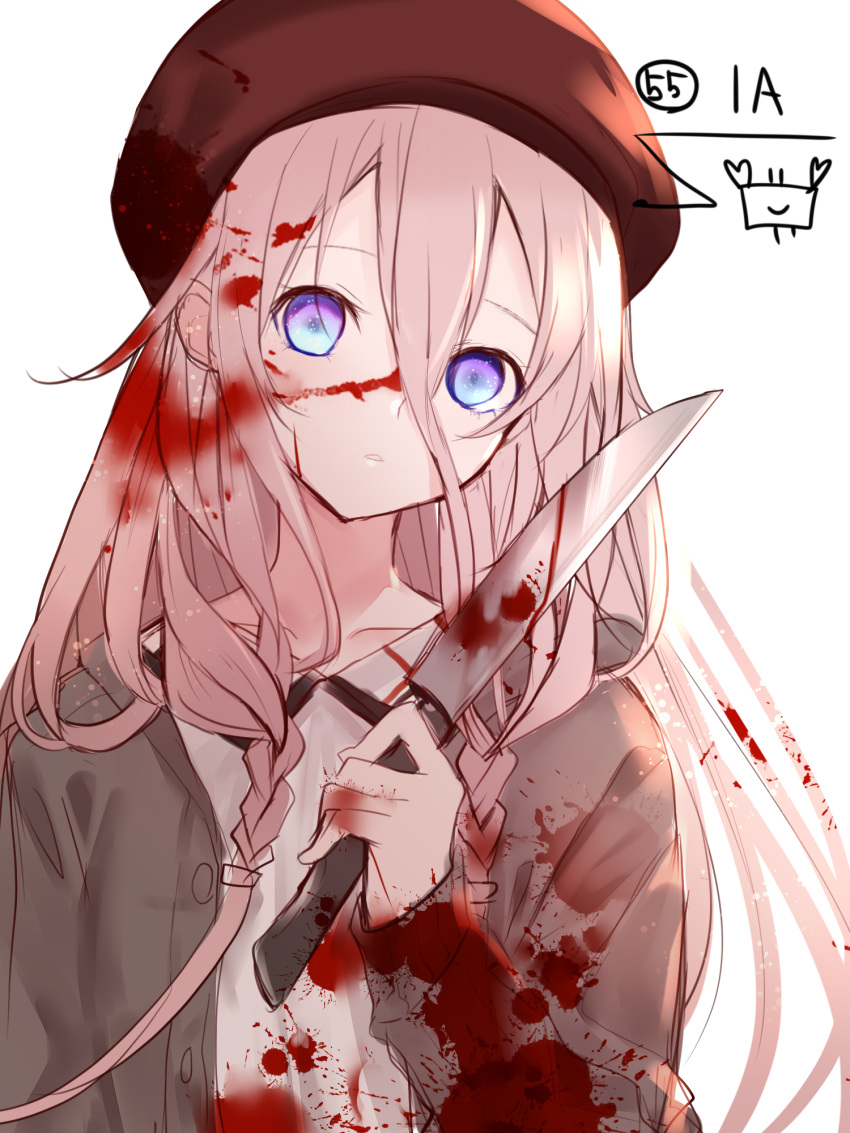 1girl bangs beret blood blood_on_face bloody_clothes bloody_knife blue_eyes brown_jacket character_name collarbone collared_shirt eyebrows_behind_hair hair_between_eyes hand_up hat head_tilt highres holding holding_knife ia_(vocaloid) jacket knife long_hair long_sleeves looking_at_viewer open_clothes open_jacket parted_lips pink_hair red_headwear shirt sleeves_past_wrists solo upper_body vocaloid white_shirt yuuki_kira