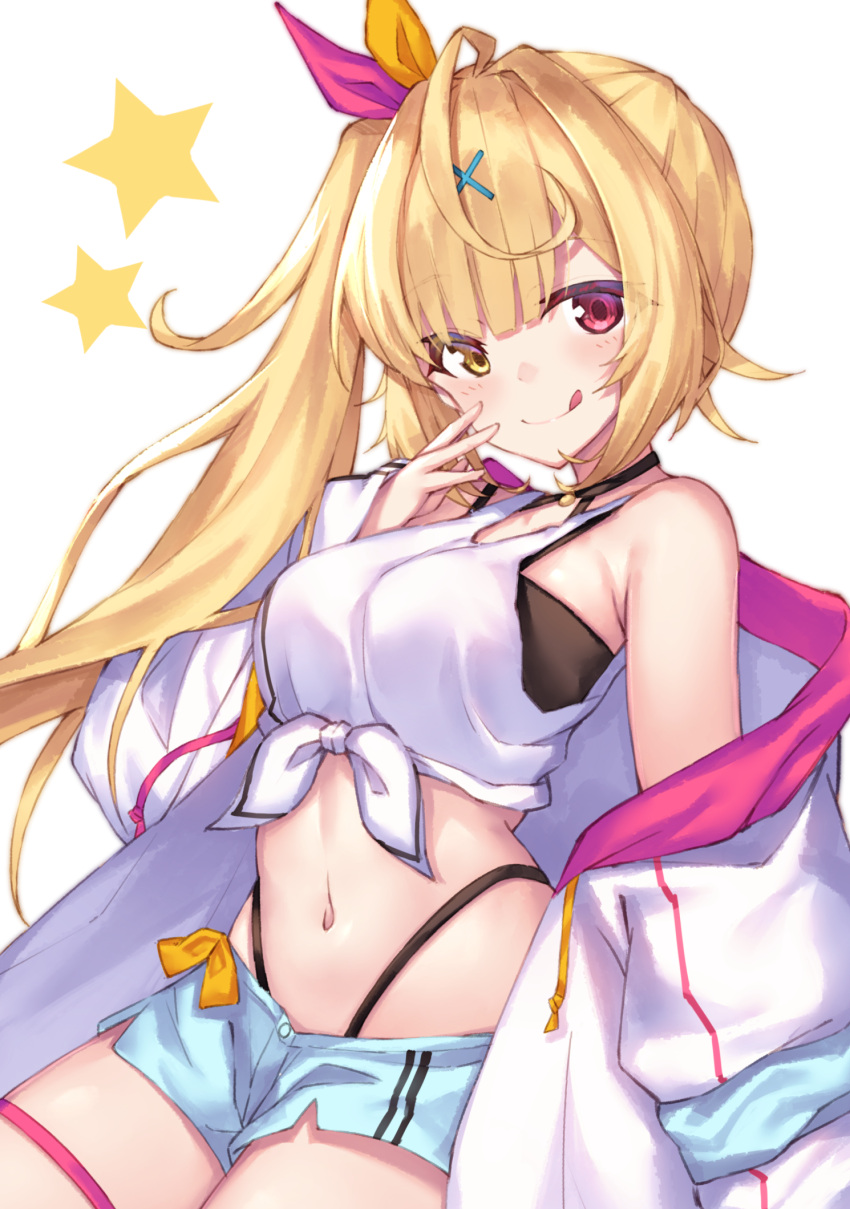 1girl :q ahoge black_panties blonde_hair blue_shorts blush closed_mouth front-tie_top hair_intakes hair_ornament hair_ribbon hand_up highleg highleg_panties highres hoshikawa_sara jacket long_hair long_sleeves midriff navel nijisanji off_shoulder open_clothes open_jacket orange_ribbon panties red_eyes red_ribbon ribbon short_shorts shorts side_ponytail simple_background sleeves_past_wrists smile solo star tank_top tongue tongue_out underwear very_long_hair virtual_youtuber white_background white_jacket white_tank_top x_hair_ornament yellow_eyes yuuki_nao_(pixiv10696483)