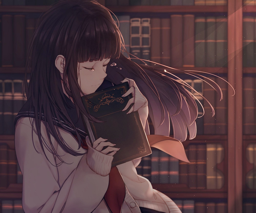 1girl bangs blunt_bangs book bookshelf cardigan closed_eyes commentary crying dark eyelashes fingernails hands_up highres holding holding_book light_particles light_rays long_hair mole mole_under_eye original sad saitou_(lynx-shrike) school_uniform serafuku tears wind