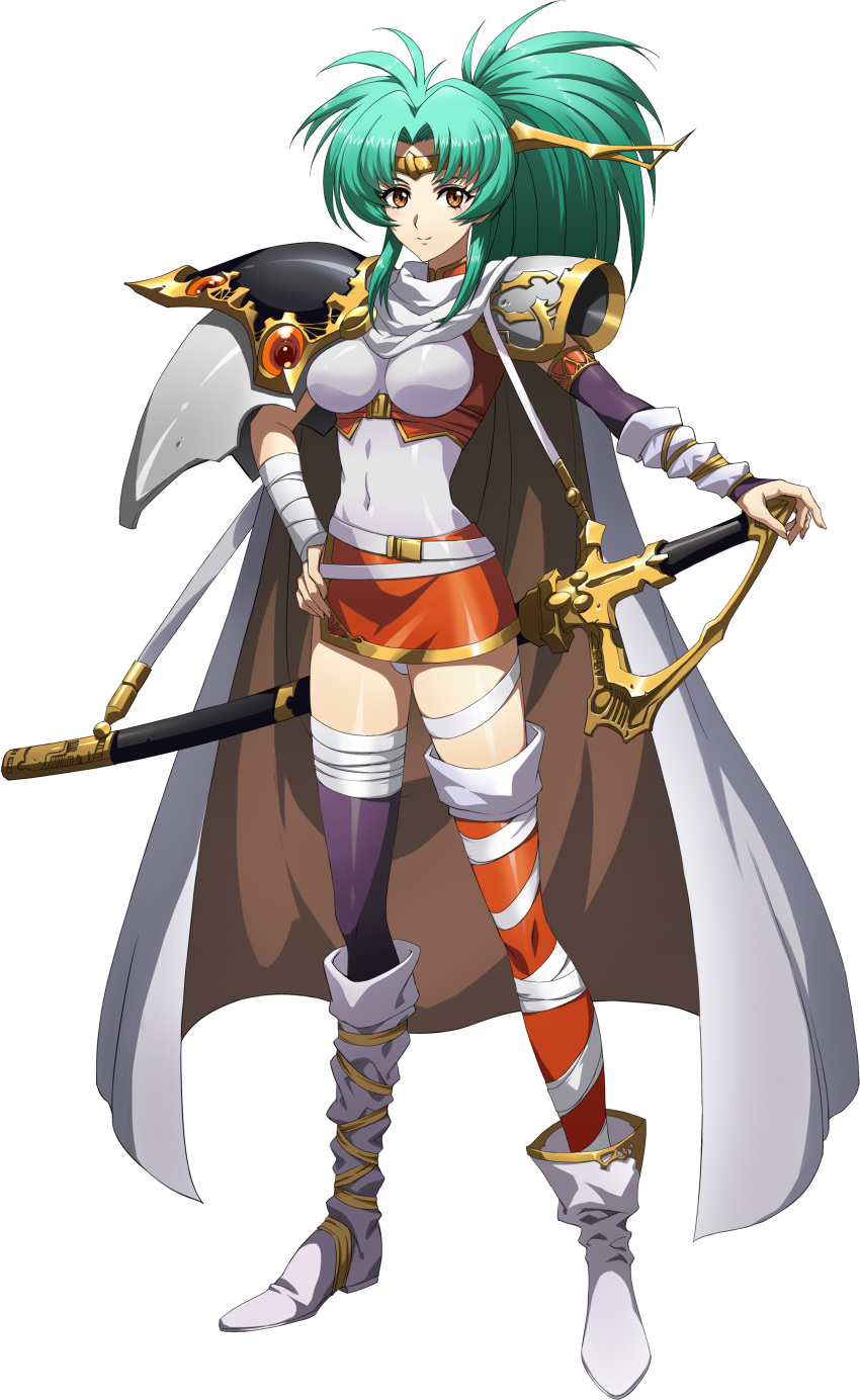 1girl absurdres angelina_(langrisser) asymmetrical_clothes asymmetrical_footwear cape detached_sleeves green_hair hand_on_hip headpiece highres holding holding_sword holding_weapon langrisser langrisser_iv leotard long_hair looking_at_viewer mismatched_legwear official_art pauldrons ponytail red_eyes sheath sheathed smile solo standing sword thighhighs transparent_background weapon