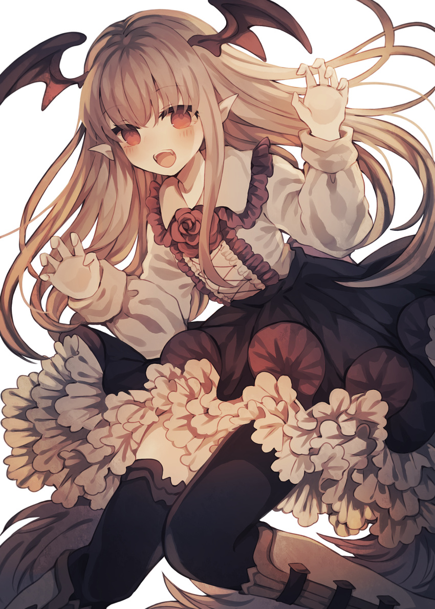 1girl black_legwear black_wings blonde_hair blush boots demon_wings dress granblue_fantasy head_wings highres knee_boots long_hair long_sleeves looking_at_viewer open_mouth petticoat pointy_ears red_eyes simple_background solo teeth thigh-highs vampy white_background white_footwear wings wiriam07
