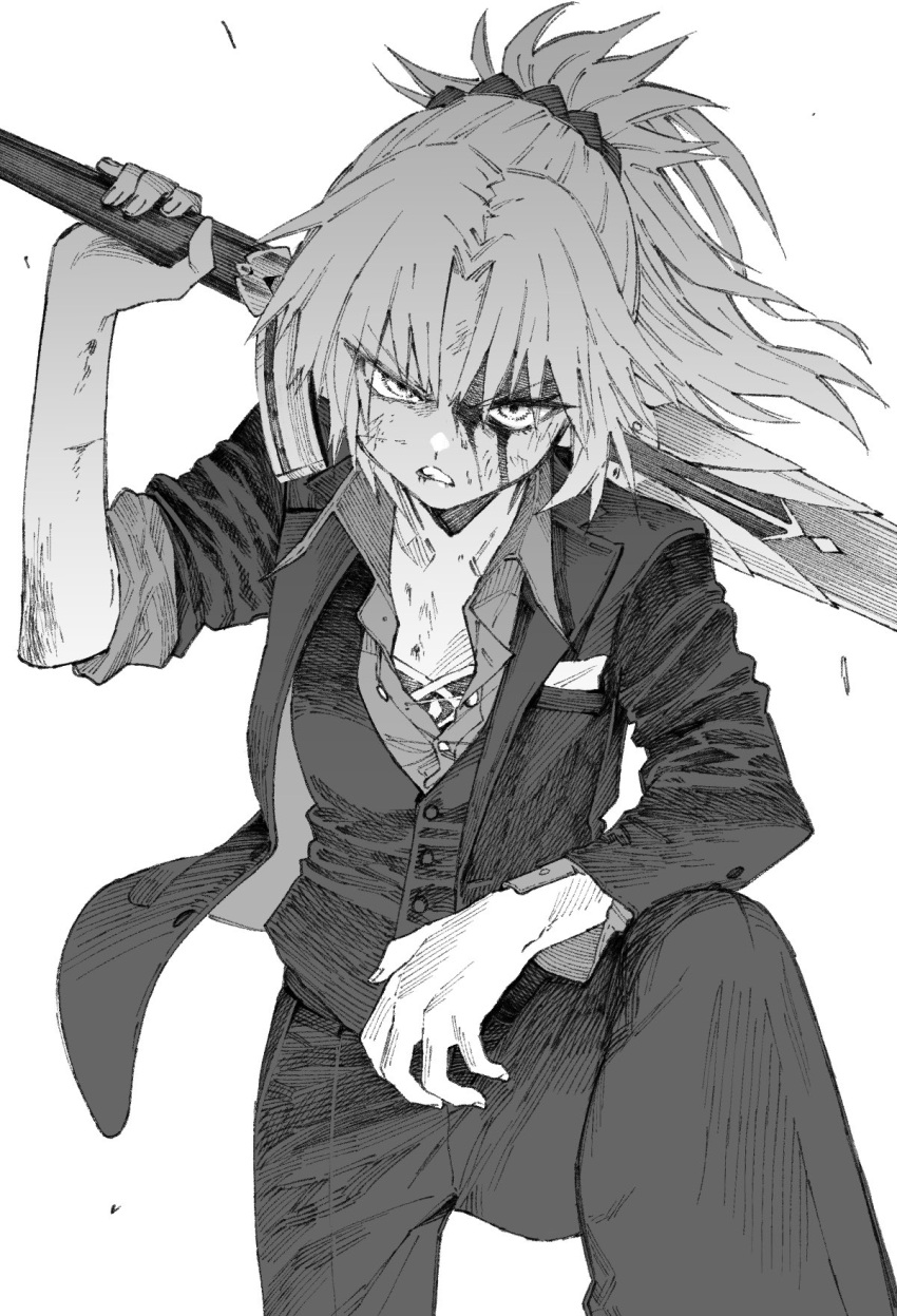 1girl blood blood_on_face bruise clarent fate/apocrypha fate/grand_order fate_(series) formal frown greyscale highres injury maki_keigo monochrome mordred_(fate) mordred_(fate)_(all) over_shoulder ponytail suit sword weapon weapon_over_shoulder white_background