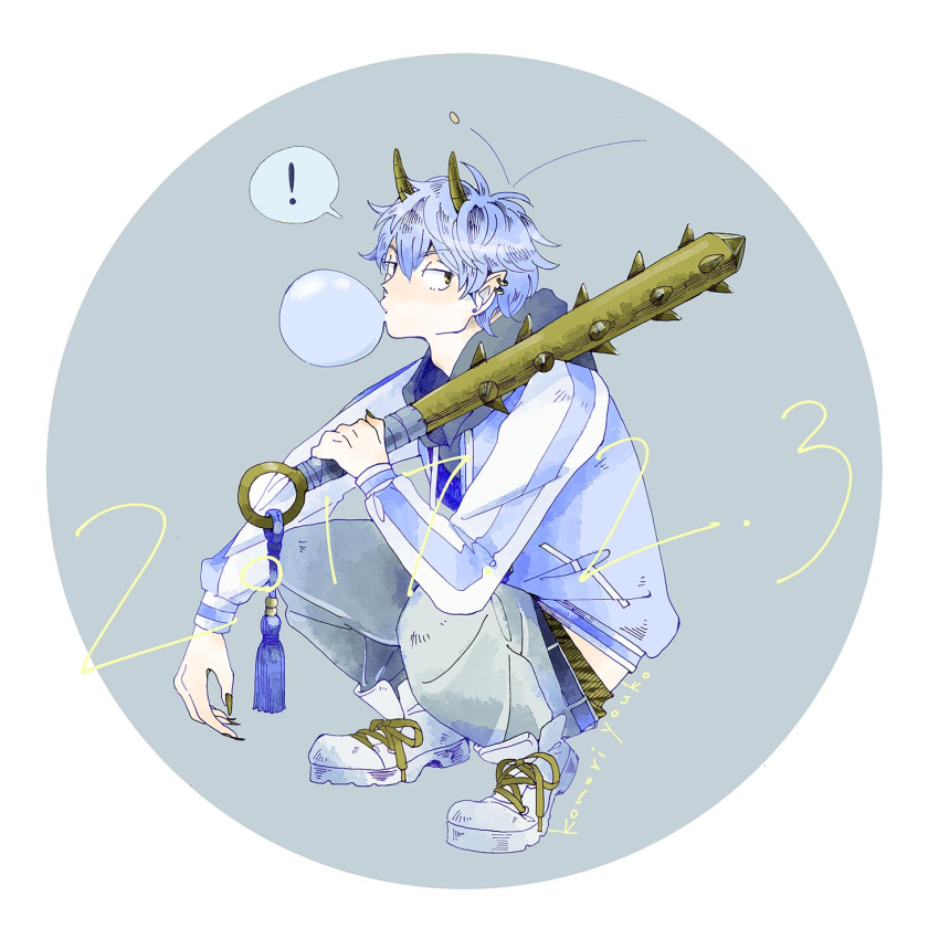 ! 1boy artist_name blue_hair brown_eyes bubble_blowing chewing_gum circle club dated ear_piercing earrings highres horns jacket jewelry kanabou komoriyouko male_focus oni original pebble piercing setsubun simple_background spiked_club spoken_exclamation_mark squatting weapon white_footwear yankee