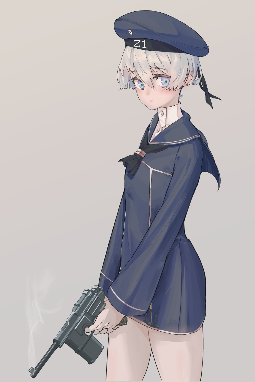 1girl absurdres blue_dress blue_eyes blue_headwear clothes_writing commentary_request contrapposto cowboy_shot dress firearm_request grey_background gun hat highres kantai_collection kazukingu looking_at_viewer sailor_dress sailor_hat short_hair silver_hair smoke solo standing weapon white_background z1_leberecht_maass_(kantai_collection)