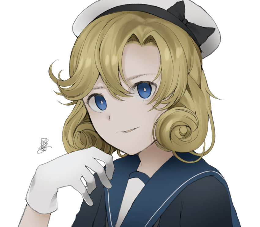 1girl bangs black_neckwear blonde_hair blue_eyes blue_sailor_collar commentary_request gloves hat highres janus_(kantai_collection) jitsukawa_ashi kantai_collection looking_at_viewer parted_bangs parted_lips sailor_collar sailor_hat short_hair signature simple_background solo upper_body white_background white_gloves white_headwear