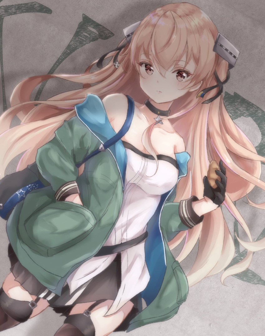 1girl alternate_costume bag bare_shoulders black_gloves black_legwear black_skirt breasts brown_eyes cowboy_shot garter_straps gloves green_jacket grey_background hair_ornament hand_in_pocket highres jacket johnston_(kantai_collection) kantai_collection light_brown_hair long_hair looking_at_viewer medium_breasts pleated_skirt sa-ya2 shirt single_glove skirt solo thigh-highs two_side_up white_shirt