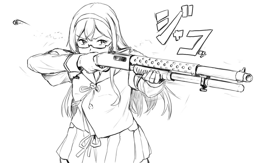 1girl aiming commentary_request eyebrows_visible_through_hair glasses greyscale gun hairband holding holding_gun holding_weapon kantai_collection long_hair long_sleeves monochrome mossberg_500 ooyodo_(kantai_collection) pump_action semi-rimless_eyewear shotgun shotgun_shells simple_background skirt solo under-rim_eyewear vent_arbre weapon white_background