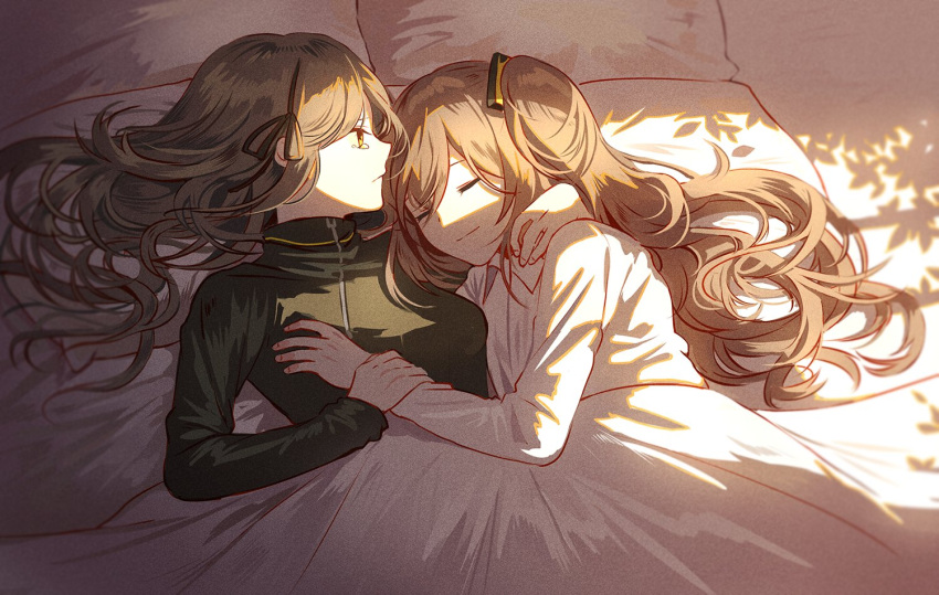 2girls bangs black_clothes black_ribbon blanket brown_hair closed_eyes closed_mouth collar collared_shirt girls_frontline grey_hair hair_between_eyes hair_ornament hair_ribbon holding holding_another's_arm hug long_hair long_sleeves looking_away lying multiple_girls on_back one_side_up pillow ribbon shirt silence_girl sleeping smile sunlight tears turtleneck ump45_(girls_frontline) ump9_(girls_frontline) upper_body white_shirt yellow_eyes yuri