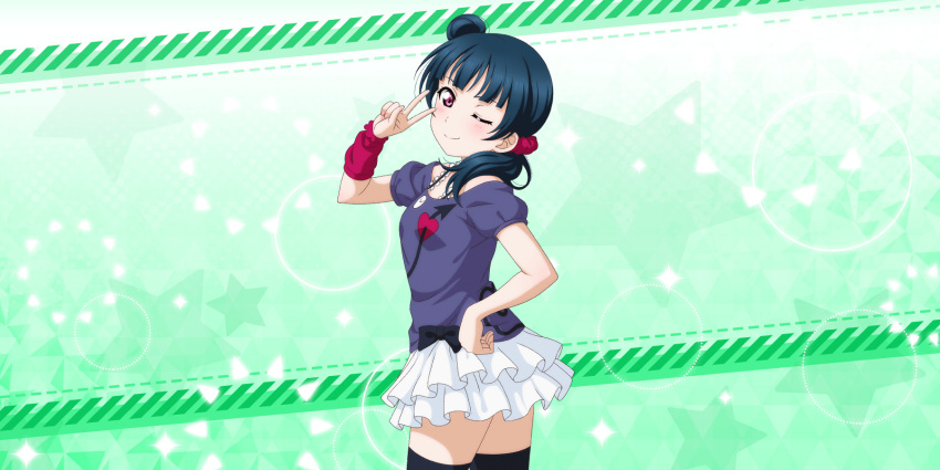 blue_hair long_hair love_live!_school_idol_festival_all_stars pink_eyes shirt smile tsushima_yoshiko wink