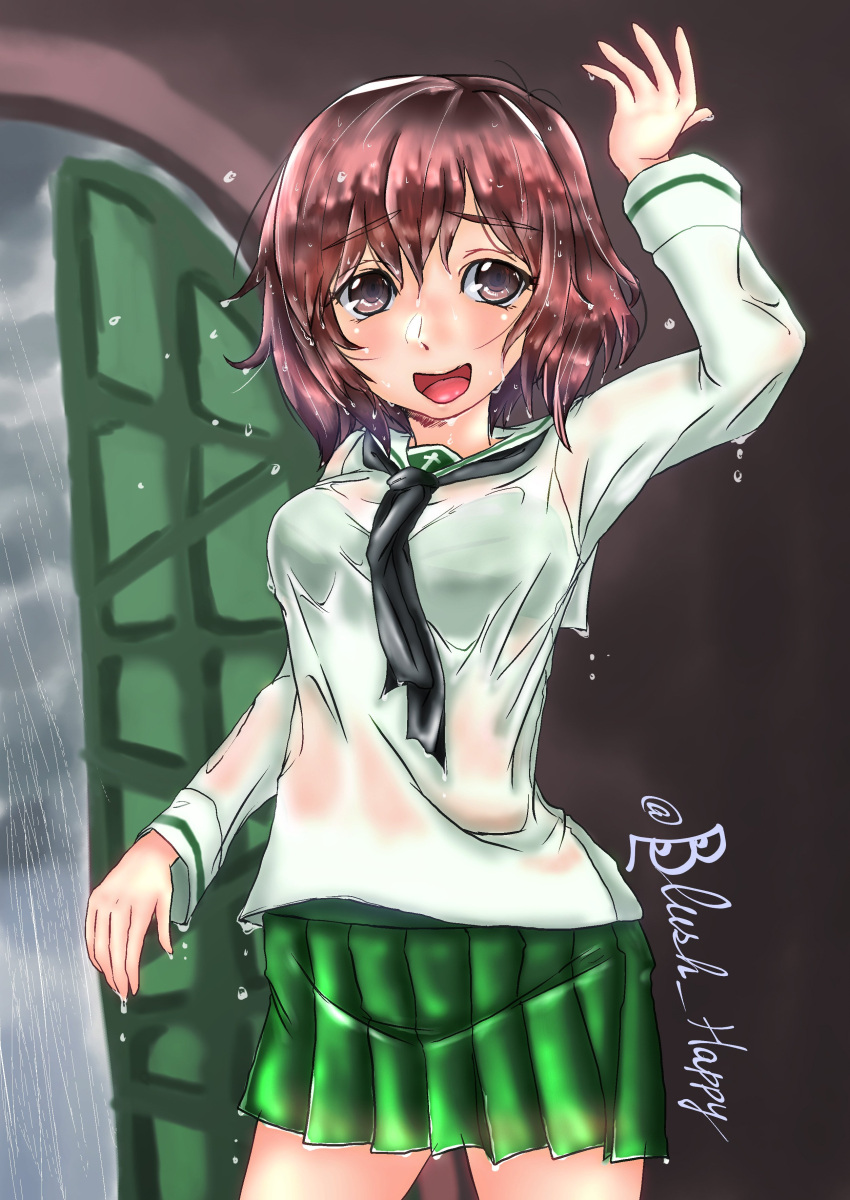 1girl absurdres akiyama_yukari arm_up bangs black_neckwear blouse blush bra brown_eyes brown_hair cowboy_shot droplet eyebrows_visible_through_hair girls_und_panzer green_bra green_skirt highres hinobori_tsutomu indoors long_sleeves looking_at_viewer messy_hair miniskirt neckerchief ooarai_school_uniform open_mouth pleated_skirt rain school_uniform see-through serafuku short_hair skirt smile solo standing twitter_username underwear wet wet_clothes wet_hair white_blouse