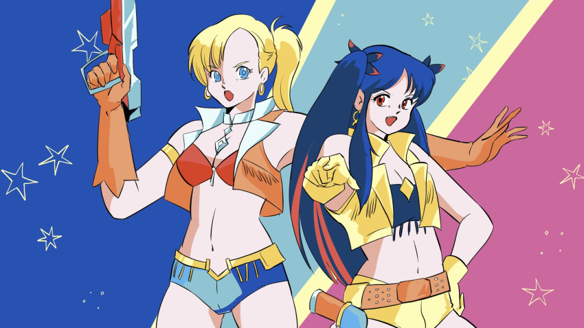 2girls belt bikini bikini_top blonde_hair blue_eyes blue_hair brown_gloves brown_vest calamity_jane_(fate/grand_order) choker cropped_vest dirty_pair fate/grand_order fate_(series) fringe_trim gloves gun hand_on_hip highres holster ishtar_(fate/grand_order) multicolored_hair multiple_girls navel odeyama outstretched_arm parody pointing pointing_at_viewer red_bikini red_eyes short_shorts shorts side_ponytail space_ishtar_(fate) streaked_hair style_parody swimsuit twintails two-tone_shorts vest weapon yellow_gloves yellow_vest