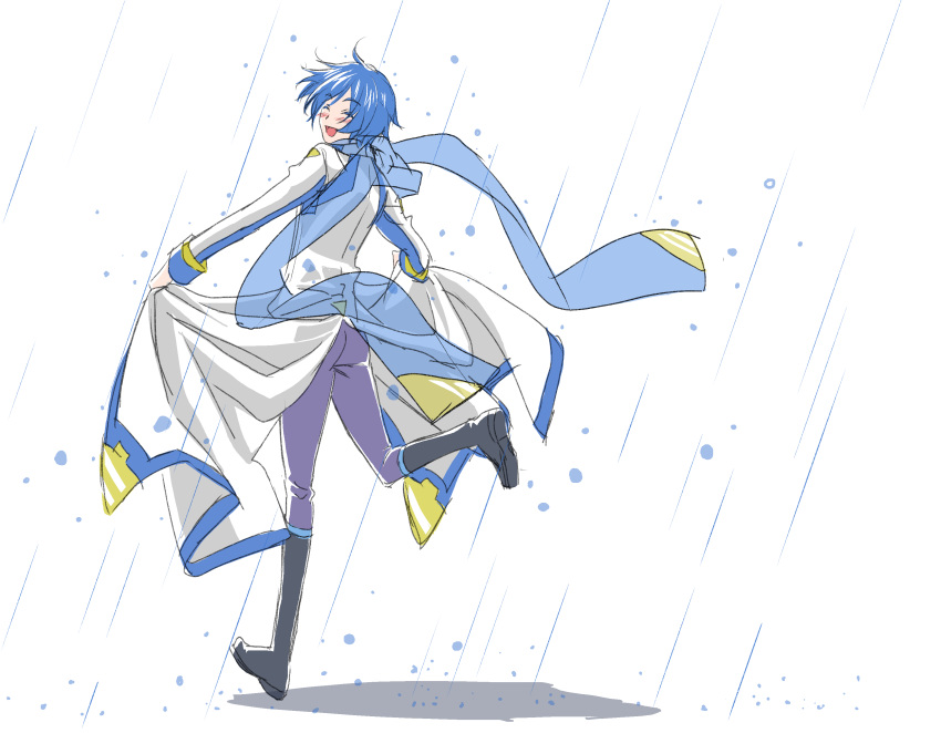 1boy absurdres blue_scarf blush boots coat_lift facing_viewer headset highres kaito kaito_(vocaloid3) leg_up looking_back male_focus pants rain running scarf see-through simple_background smile solo vocaloid white_background yuki_(tarojamg)