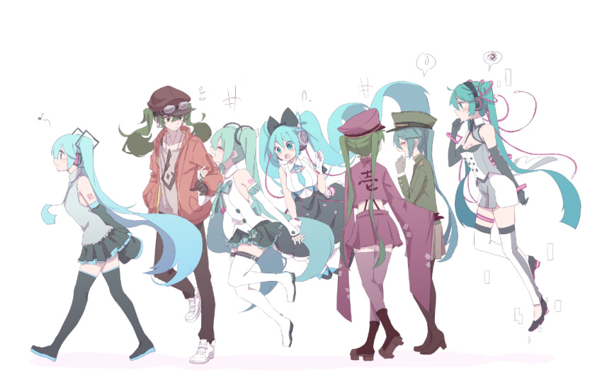 /\/\/\ 6+girls ? aqua_eyes aqua_hair aqua_neckwear arm_behind_back bare_shoulders black_bow black_gloves black_legwear black_skirt black_sleeves blue_hair boots bow cable closed_eyes commentary detached_sleeves digital_dissolve eighth_note floating framed_breasts from_side get gloves goggles goggles_on_headwear green_hair grey_shirt hair_ornament hand_on_own_chin hatsune_miku headphones holding_arm jacket japanese_clothes long_hair looking_at_another magical_mirai_(vocaloid) multiple_girls multiple_persona music musical_note necktie nejikyuu open_mouth pantyhose senbon-zakura_(vocaloid) shirt short_shorts shorts shoulder_tattoo singing skirt sleeveless sleeveless_shirt smile songover spoken_musical_note spoken_squiggle spoken_sweatdrop squiggle suna_no_wakusei_(vocaloid) suspender_skirt suspenders sweatdrop tattoo thigh-highs thigh_boots twintails very_long_hair vocaloid walking white_legwear white_shirt wide_sleeves zettai_ryouiki