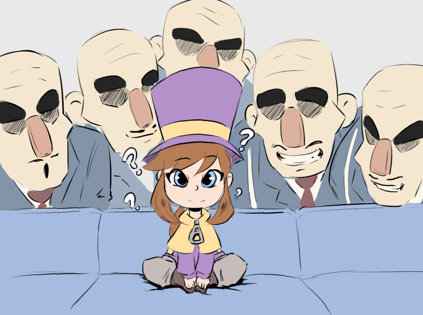 1girl 5boys ? a_hat_in_time bald bard-bot big_nose blue_eyes brown_hair cape comedy couch hat hat_kid indian_style low_ponytail mafia_(a_hat_in_time) multiple_boys parody piper_perri_surrounded sitting solo_focus surrounded thick_eyebrows top_hat yellow_cape zipper