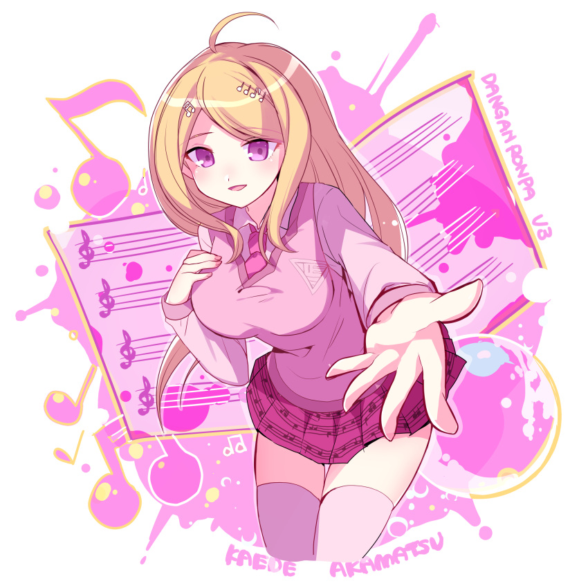1girl ahoge akamatsu_kaede bangs beamed_eighth_notes blonde_hair blush breasts character_name commentary_request dangan_ronpa eighth_note enperaa eyebrows_visible_through_hair hair_ornament highres large_breasts long_hair long_sleeves looking_at_viewer musical_note musical_note_hair_ornament necktie new_dangan_ronpa_v3 open_mouth pleated_skirt school_uniform shirt skirt smile sweater_vest violet_eyes