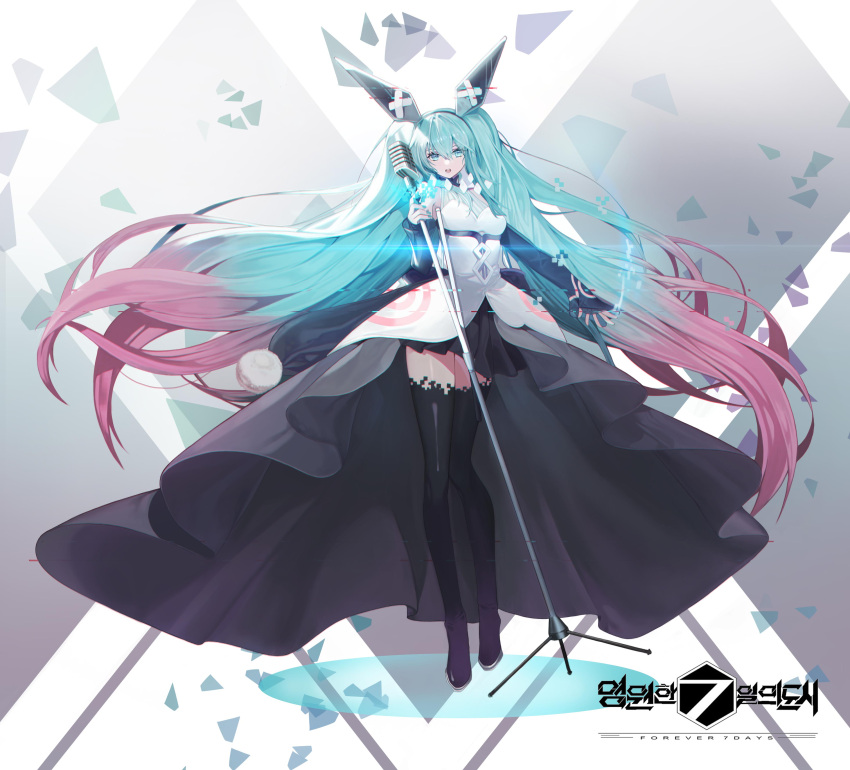 1girl absurdres aqua_eyes aqua_hair black_legwear breasts detached_sleeves dress forever_7th_capital full_body gradient_hair grey_dress hair_ornament hatsune_miku highres long_hair long_sleeves looking_at_viewer microphone microphone_stand multicolored_hair official_art pink_hair scroll skirt solo standing thigh-highs twintails two-tone_dress very_long_hair vocaloid watermark white_dress