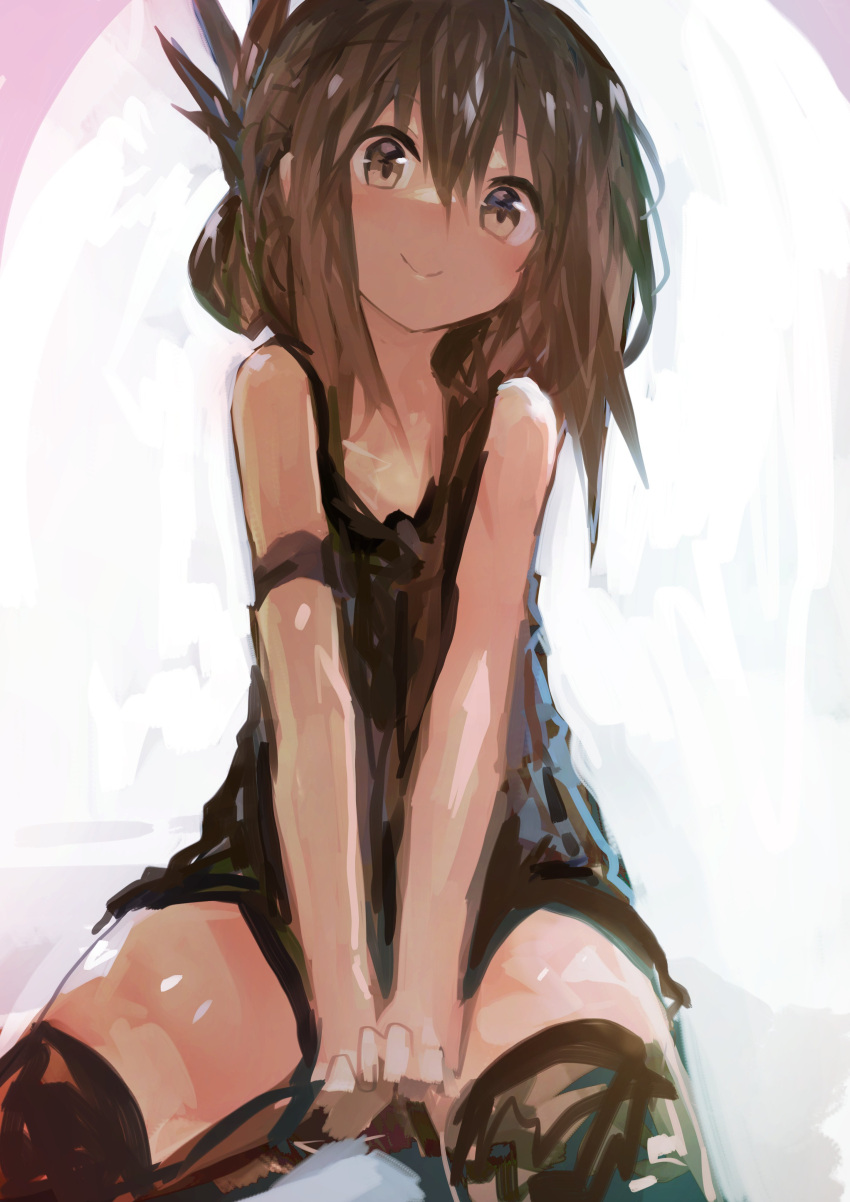 1girl absurdres armband bangs between_legs black_camisole brown_eyes brown_hair folded_ponytail hair_between_eyes hand_between_legs head_tilt highres inazuma_(kantai_collection) kaamin_(mariarose753) kantai_collection looking_at_viewer sidelocks sitting sleeveless smile solo thigh-highs white_background
