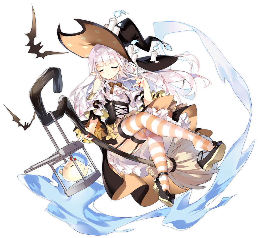 1girl ass azur_lane bare_shoulders bat black_headwear bow bowtie broom broom_riding candle closed_eyes closed_mouth erebus_(azur_lane) erebus_(wardrobe_witchery)_(azur_lane) full_body garter_straps ghost halloween hat high_heels highres index_finger_raised long_hair looking_at_viewer manjuu_(azur_lane) miniskirt nail_polish official_art pointy_ears red_eyes red_nails saru shirt shoe_dangle sidelocks skirt slit_pupils solo striped striped_legwear transparent_background turret underbust white_hair white_shirt witch witch_hat yellow_skirt