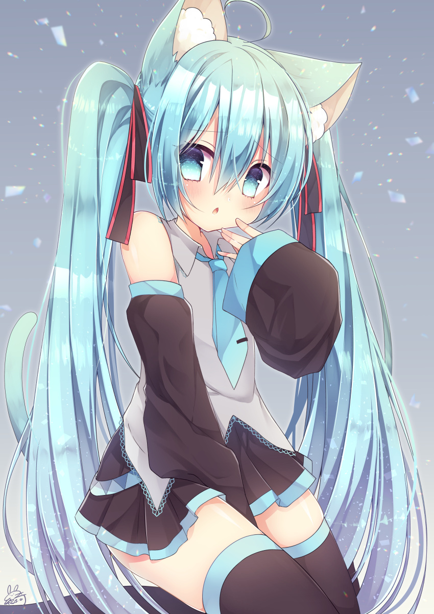 1girl absurdres animal_ear_fluff animal_ears aqua_eyes aqua_hair aqua_neckwear bare_shoulders between_legs bow cat_ears cat_tail chromatic_aberration collared_shirt detached_sleeves gradient gradient_background hair_bow hand_between_legs hatsune_miku highres huge_filesize kinosaki_yuuta long_hair necktie seiza shards shirt signature sitting skirt solo tail thigh-highs twintails vocaloid watermark