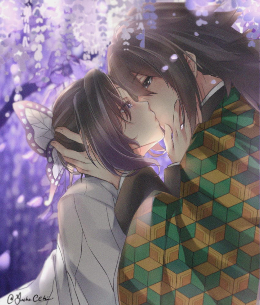 1boy 1girl black_hair bug butterfly butterfly_hair_ornament cherry_blossoms hair_ornament hand_on_another's_face hand_on_another's_head haori highres insect jacket japanese_clothes kimetsu_no_yaiba kiss kochou_shinobu long_hair long_sleeves looking_at_another multicolored_hair short_hair tabi tomioka_giyuu tree violet_eyes yashachi