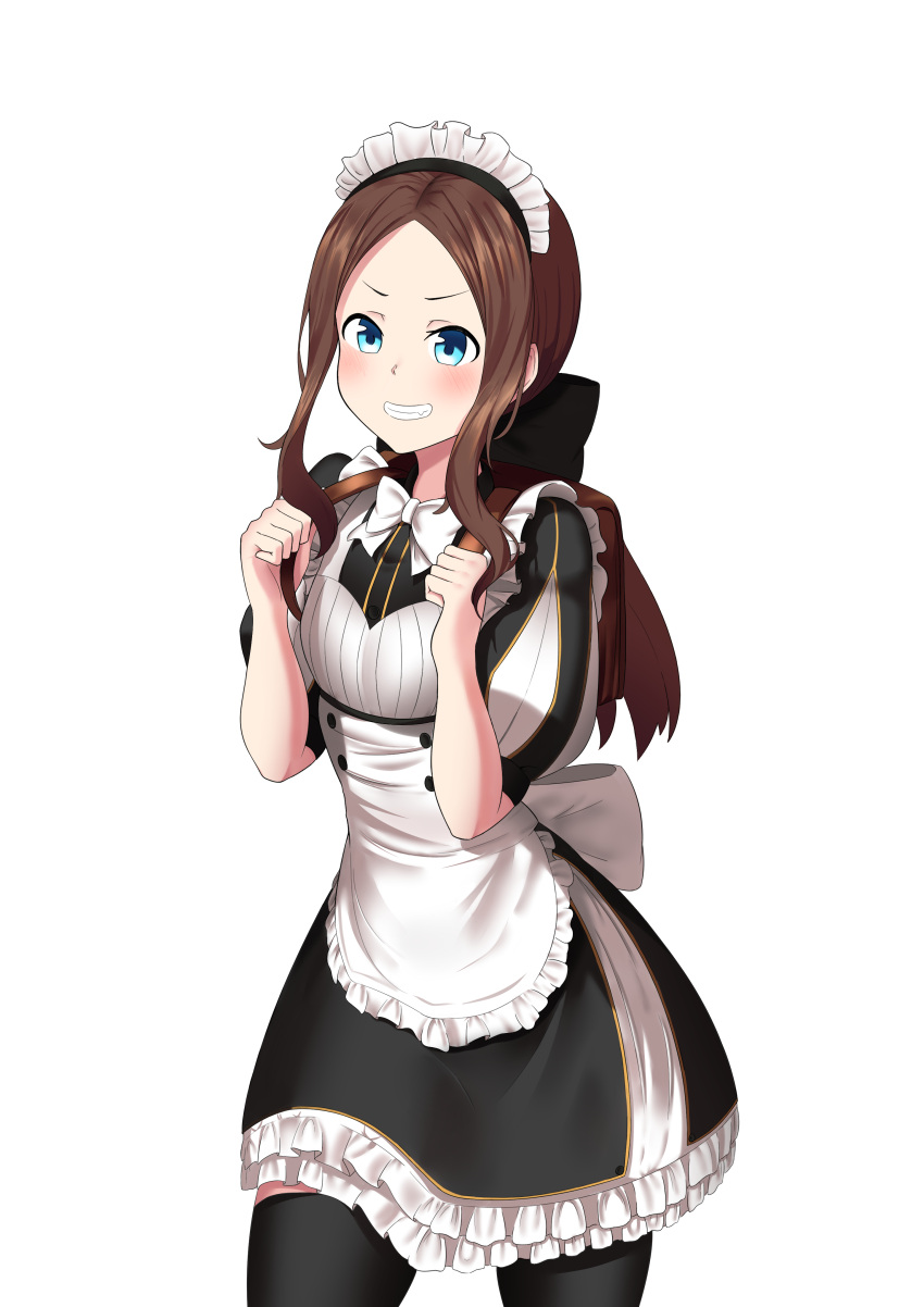 1girl absurdres apron bangs blue_eyes blush bow breasts brown_hair clenched_teeth commentary_request fang fate_(series) highres leonardo_da_vinci_(fate/grand_order) long_hair looking_at_viewer maid maid_headdress medium_breasts parted_bangs sang4521 simple_background smile teeth white_background white_bow