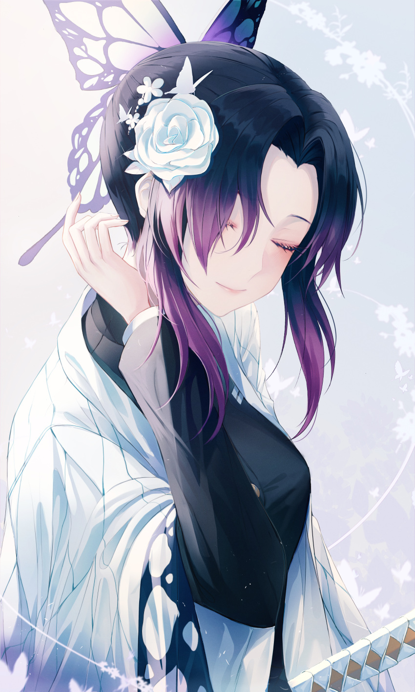 1girl absurdres animal_print blue_butterfly bug butterfly butterfly_hair_ornament butterfly_print closed_eyes flower hair_ornament hair_ribbon haori highres huge_filesize insect japanese_clothes kimetsu_no_yaiba kochou_shinobu long_hair okazu_(eightstudio) purple_butterfly ribbon simple_background solo white_background white_butterfly wisteria